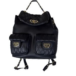 Betsey Johnson Black Heart Quilted Backpack Gold Hardware and Chain Straps
